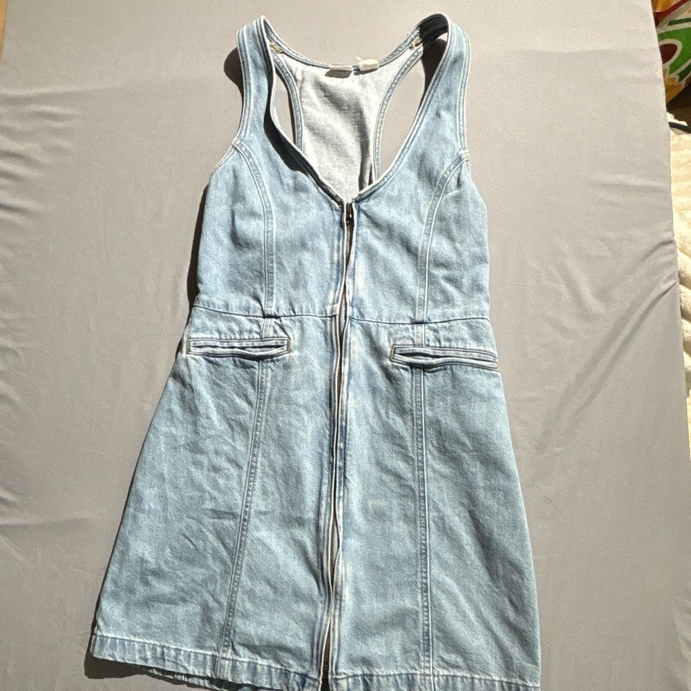 Levi Strauss & Co Blue Denim Zip Front Racerback Mini Dress Cinch Back